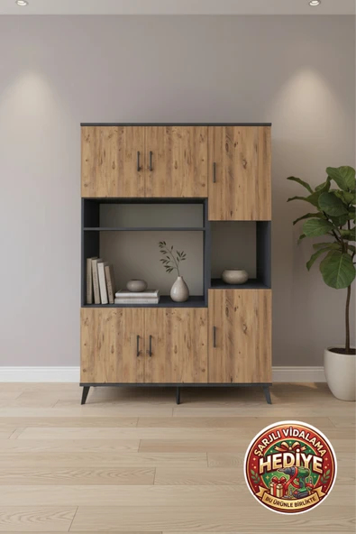 mobihobi Aura 9 Raflı 6 Kapaklı Dolap (132x59x195cm) Antrasit-Çam Şıklığı ürün görseli 1