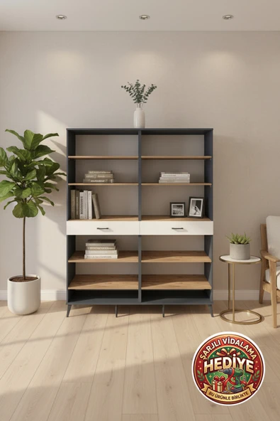 mobihobi Luna Gardırop: 10 Raflı, 2 Çekmeceli, 176x44x221 Antrasit-Çam/Aytaşı ürün görseli 1