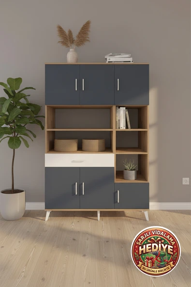mobihobi Aura 10 Raflı 6 Kapaklı Çekmeceli Dolap 132x59x195 Çam-Antrasit ürün görseli 1