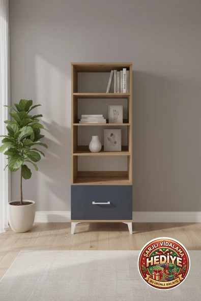 mobihobi Luna 4 Raflı Tek Çekmeceli Dolap: 60x44x163 cm Çam-Antrasit Şıklığı ürün görseli 1