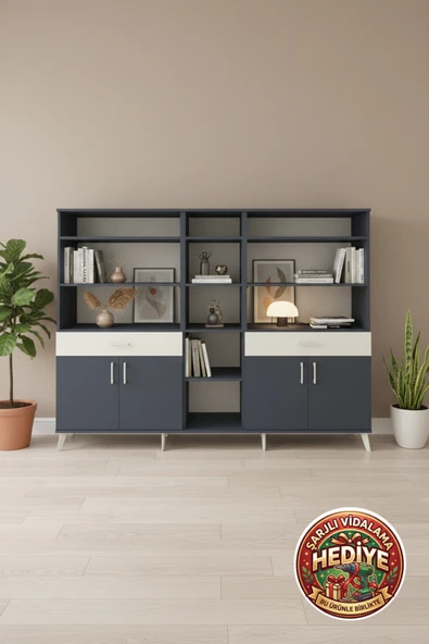 mobihobi Luna 12 Raflı, 2 Çekmeceli, 4 Kapaklı Antrasit Dolap (220x44x163) ürün görseli 1