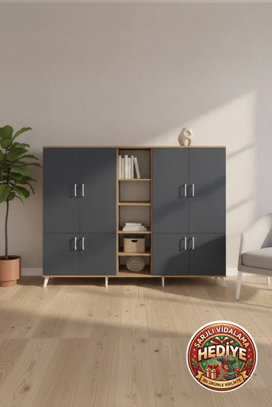 mobihobi Luna 14 Raflı 8 Kapaklı Dolap 220x44x163 Çam-Antrasit: Yaşam Alanınıza Şıklık ve Düzen Katın! ürün görseli 1