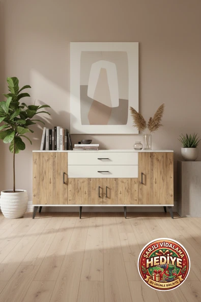 mobihobi Luna 3 Raflı 2 Çekmeceli 4 Kapaklı Konsol 176cm Aytaşı-Çam | Modern Depolama ürün görseli 1