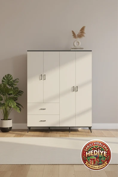 mobihobi Luna Gardırop 176x44x221 Antrasit-Aytaşı: 4 Kapaklı, 2 Çekmeceli, 2 Askılı Depolama ürün görseli 1