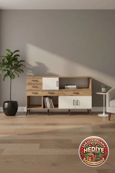 mobihobi Luna Konsol: 5 Çekmece, 3 Kapak, 2 Raf | 176x44x99 cm Çam-Aytaşı ürün görseli 1