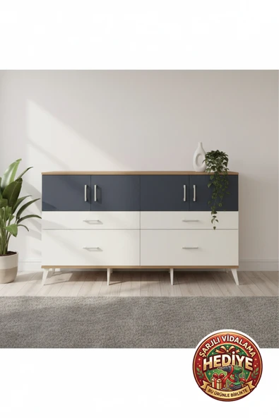mobihobi Luna Konsol: 176cm Çam-Antrasit, 4 Çekmeceli, 4 Kapaklı, 2 Raflı Depolama ürün görseli 1