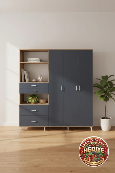 mobihobi Luna Gardırop: 12 Raflı, 4 Çekmeceli, 220x44x243 Çam-Antrasit/Antrasit ürün görseli 1