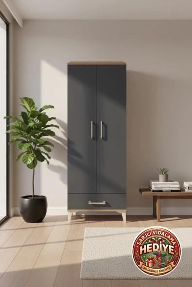 mobihobi Silva 4 Raflı 1 Çekmeceli 2 Kapaklı Dolap: 60x30x163 Çam-Antrasit Şıklığı ürün görseli 1