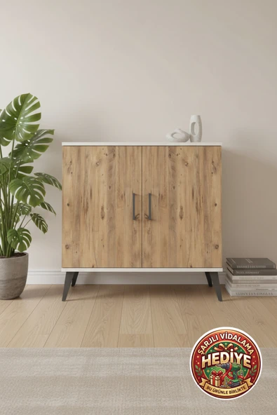 mobihobi Luna Şifonyer: 2 Raflı, 2 Kapaklı, Aytaşı & Çam Renk, 88x44x80 cm ürün görseli 1