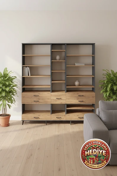 mobihobi Silva Gardırop 19 Raflı 8 Çekmeceli 220x30x243 Antrasit-Çam | Geniş Depolama ürün görseli 1