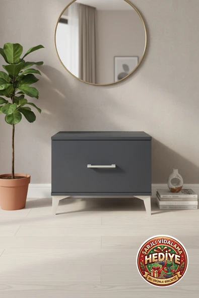 mobihobi Silva Tek Çekmeceli Antrasit Komodin 60x30x48 cm - Şık ve Fonksiyonel ürün görseli 1