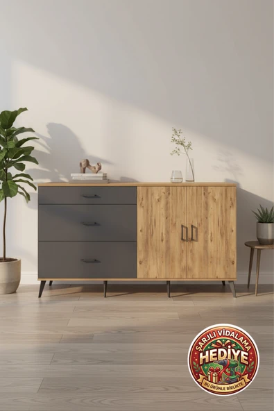 mobihobi Luna Konsol 2 Raflı 3 Çekmeceli 2 Kapaklı 176cm Çam-Antrasit Dekoratif Depolama ürün görseli 1