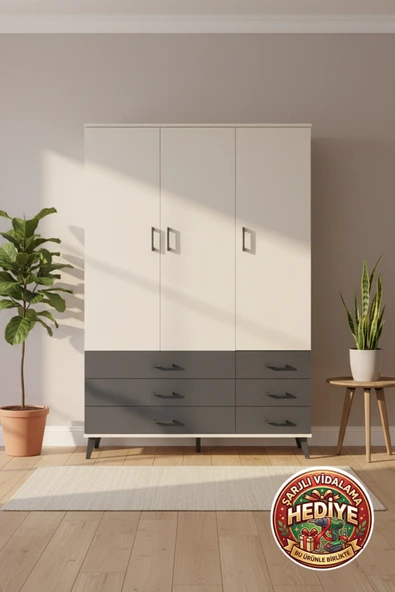 mobihobi Aura Dolap 5 Raflı 6 Çekmeceli 132x59x195 Aytaşı/Antrasit - Şık Depolama ürün görseli 1