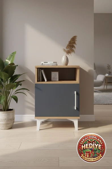 mobihobi Silva Komodin 2 Raflı, Tek Kapaklı, 44x30x64 cm, Çam-Antrasit ürün görseli 1