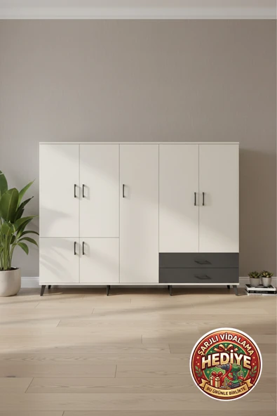 mobihobi Silva 12 Raflı, 7 Kapaklı Dolap: 220x30x163 Aytaşı/Antrasit ürün görseli 1