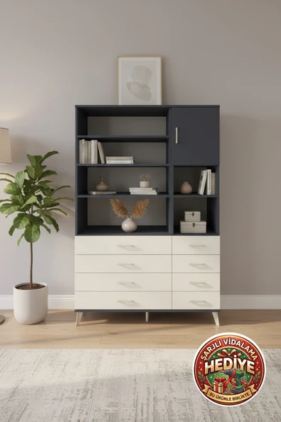 mobihobi Aura Dolap: 8 Raflı 8 Çekmeceli, Tek Kapaklı, Antrasit-Aytaşı, 132x59x195cm ürün görseli 1