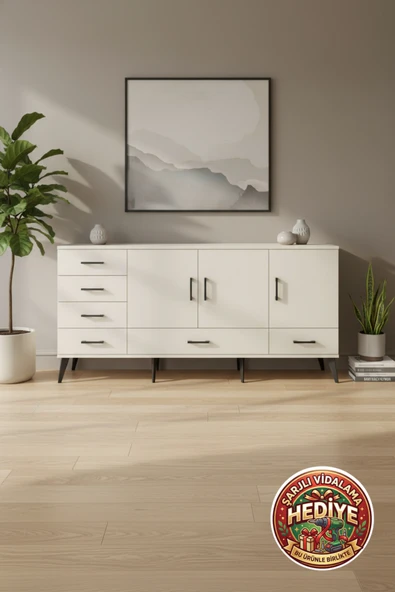 mobihobi Luna Konsol: 4 Raflı, 6 Çekmeceli, 3 Kapaklı Aytaşı 176cm Geniş Depolama ürün görseli 1