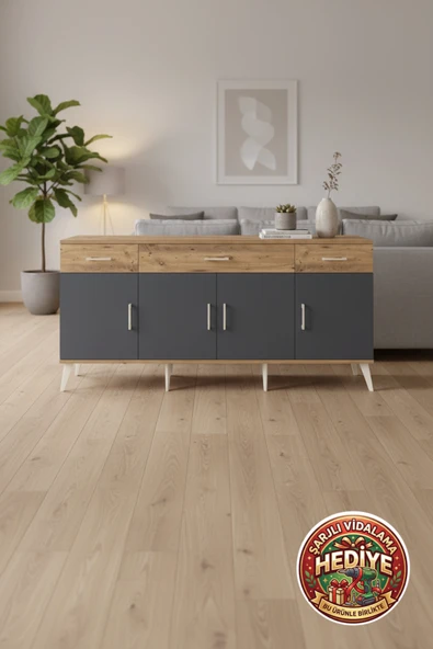 mobihobi Luna Konsol 3 Raflı 3 Çekmeceli 4 Kapaklı 176x44x83 Çam-Antrasit ürün görseli 1