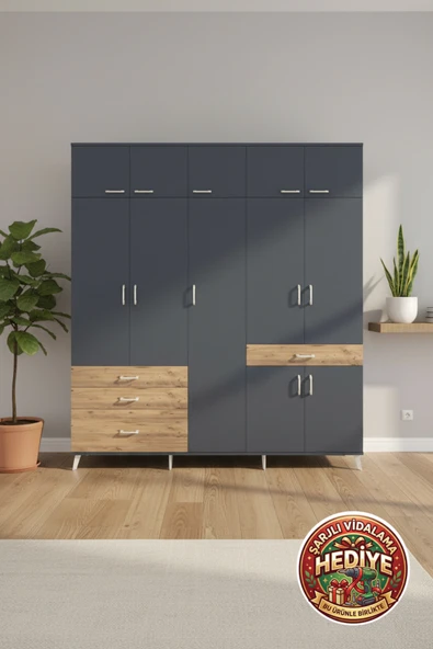 mobihobi Luna 11 Raflı 4 Çekmeceli 2 Askılı Antrasit Dolap | 220x44x243cm ürün görseli 1