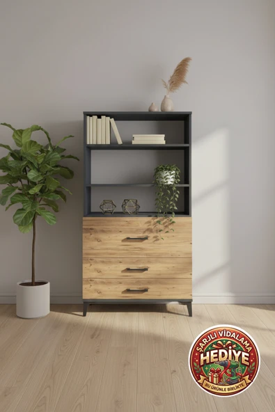 mobihobi Silva Antrasit-Çam 3 Raflı 3 Çekmeceli Dolap 88x30x163cm | Dekoratif Depolama ürün görseli 1