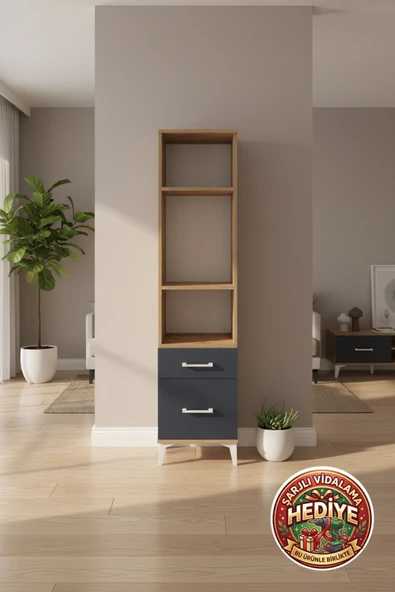mobihobi Silva 3 Raflı 2 Çekmeceli Dolap -Kitaplık - Çam Antrasit | 44x30x182 cm ürün görseli 1
