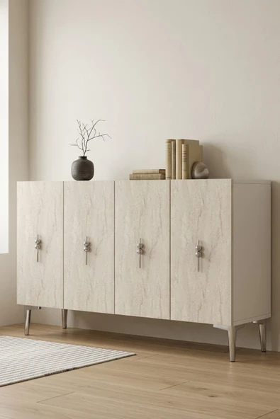 KA1217BTS SALKIM Konsol ve Tv Sehpası Beyaz-Traverten-Silver 120cm ürün görseli 1