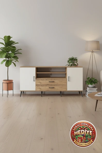mobihobi Silva Konsol: 4 Raflı, 2 Çekmeceli, 2 Kapaklı Antre Dolabı (176x30x83 cm) ürün görseli 1