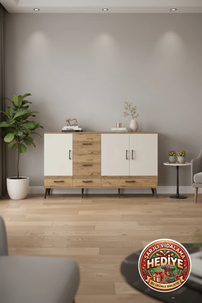 mobihobi Luna Konsol: 4 Raf, 5 Çekmece, 3 Kapaklı 176x44x99 - Şık Çam & Aytaşı ürün görseli 1