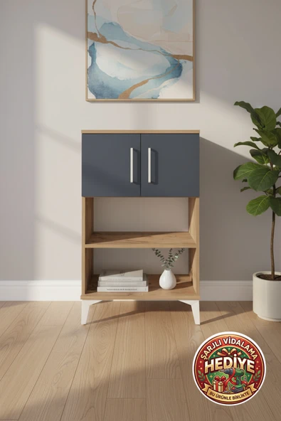 mobihobi Silva Komodin 2 Raflı 2 Kapaklı Çam Antrasit 60x30x96 cm - Modern Tasarım ürün görseli 1
