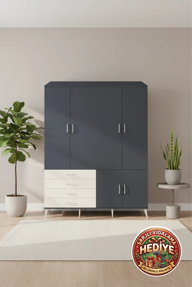 mobihobi Luna Gardrop: 7 Raflı, 4 Çekmeceli, 1 Askılı 176x44x221 Antrasit-Aytaşı ürün görseli 1