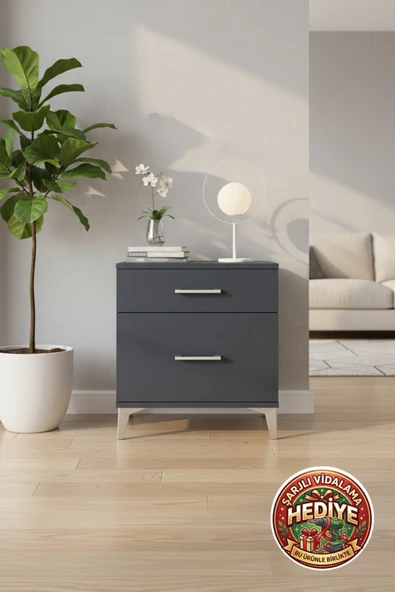 mobihobi Luna Komodin 2 Çekmeceli Antrasit - 60x44x64 cm | Modern Yatak Odası Mobilyası ürün görseli 1