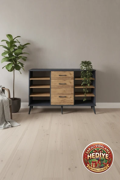 mobihobi Silva Konsol 6 Raflı 3 Çekmeceli 132x30x83 Antrasit-Çam | Şık ve Fonksiyonel Depolama ürün görseli 1