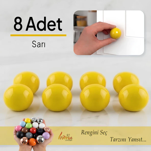 8 Adet Sert Plastik Düğme Yuvarlak Top Sarı Dolap Mobilya Mutfak Dolabı Çekmece Kulbu Kulpu Kulplar ürün görseli 1