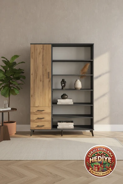 mobihobi Silva Gardırop: 9 Raflı, 3 Çekmeceli, 3 Kapaklı 132x30x195cm Antrasit-Çam ürün görseli 1