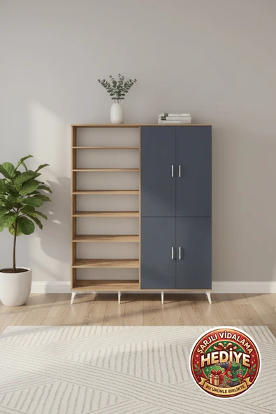 mobihobi Silva Gardrop 8 Raflı 4 Kapaklı 2 Askılı 176x30x221 Çam-Antrasit ürün görseli 1