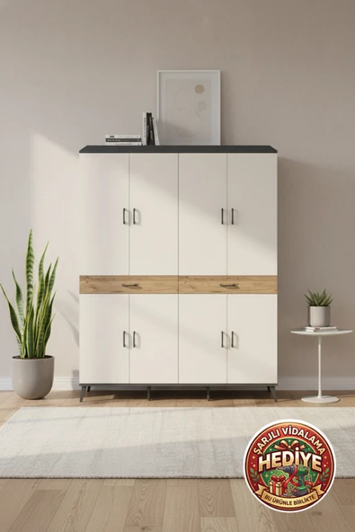 mobihobi Silva Gardrop 10 Raflı 2 Çekmeceli 8 Kapaklı Antrasit-Aytaşı/Çam 176x30x221 ürün görseli 1