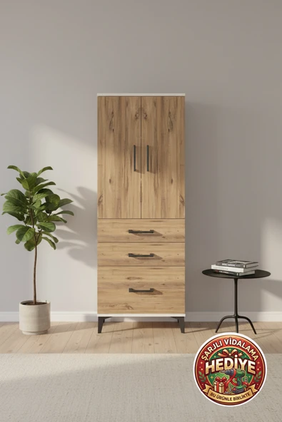mobihobi Luna Dolap: 3 Raflı, 3 Çekmeceli, 2 Kapaklı - 60x44x163 Aytaşı-Çam ürün görseli 1