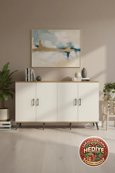 mobihobi Luna Konsol 4 Raflı 4 Kapaklı: Şık Tasarım, Geniş Saklama Alanı | 176x44x99cm ürün görseli 1