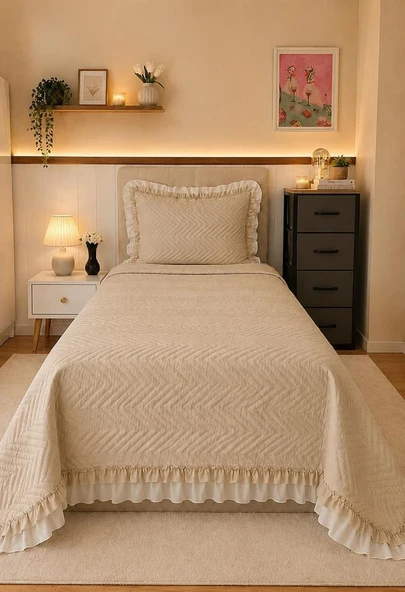 Gonca Çift Taraflı Tek Kişilik Yatak Örtüsü 180x240 Cappucino ürün görseli 1