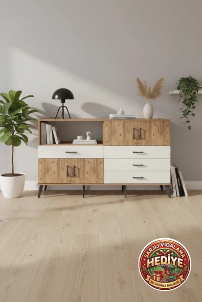 mobihobi Luna Konsol 2 Raflı 4 Çekmeceli 4 Kapaklı 176cm Çam-Aytaşı: Fonksiyonel Şıklık ürün görseli 1