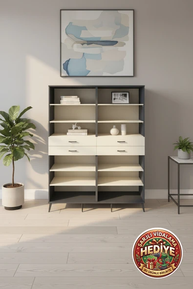 mobihobi Luna Gardırop 10 Raflı 4 Çekmeceli 176x44x221 Antrasit-Aytaşı ürün görseli 1