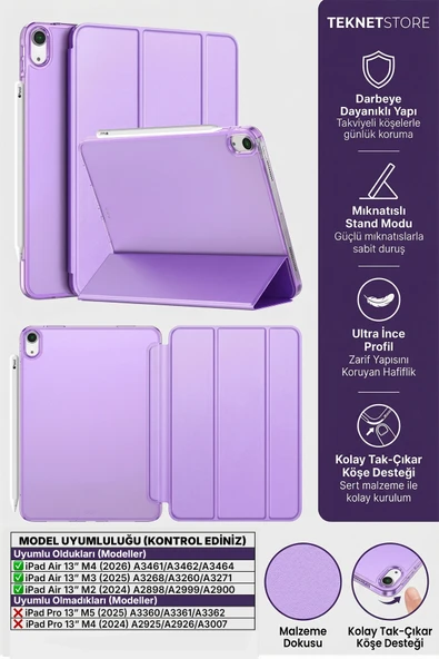 Ipad Air 13" M4 M3 M2 Uyumlu Kılıf Ultra İnce Akıllı Uyku Modlu Standlı Zarif Koruyucu Kapak  LİLA ürün görseli 1