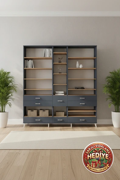 mobihobi Silva 19 Raflı 8 Çekmeceli Dolap 220x30x243 Antrasit-Çam | Geniş Depolama ürün görseli 1