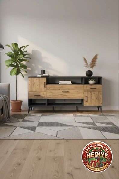 mobihobi Luna Konsol: 3 Raflı, 3 Çekmeceli, 2 Kapaklı 176x44x83 Antrasit-Çam ürün görseli 1