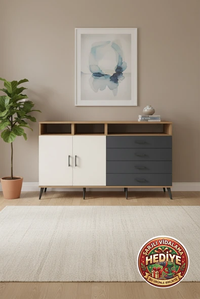 mobihobi Luna 5 Raflı 4 Çekmeceli 2 Kapaklı Konsol: 176x44x99 Çam-Aytaşı/Antrasit ürün görseli 1