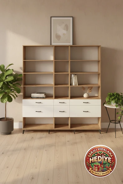mobihobi Silva 12 Raflı 6 Çekmeceli Dolap: 220x30x243 Çam/Aytaşı ile Şıklık ürün görseli 1