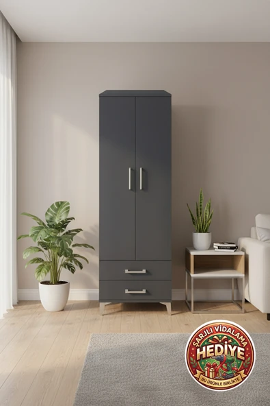 mobihobi Aura Antrasit Dolap: 2 Çekmeceli, 1 Raflı, Tek Askılı 60x59x182 CM ürün görseli 1