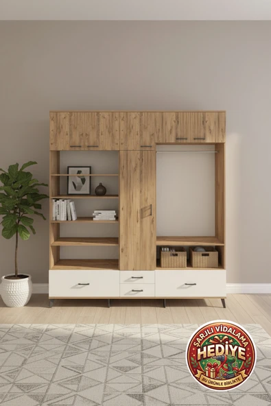 mobihobi Luna Dolap: 18 Raflı, 4 Çekmeceli, 1 Askılı Geniş Depolama Çözümü (220x44x243) ürün görseli 1