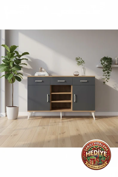 mobihobi Luna 4 Raflı 3 Çekmeceli 2 Kapaklı Konsol: Çam & Antrasit Şıklığı (132cm) ürün görseli 1