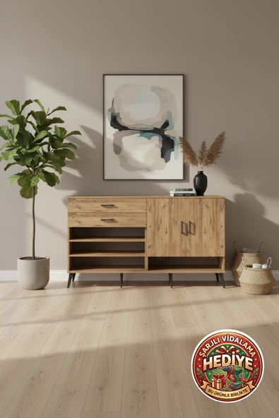 mobihobi Silva Konsol: 4 Raflı, 2 Çekmeceli, 2 Kapaklı (176x30x99) Atlas Çam Dekorasyon ürün görseli 1